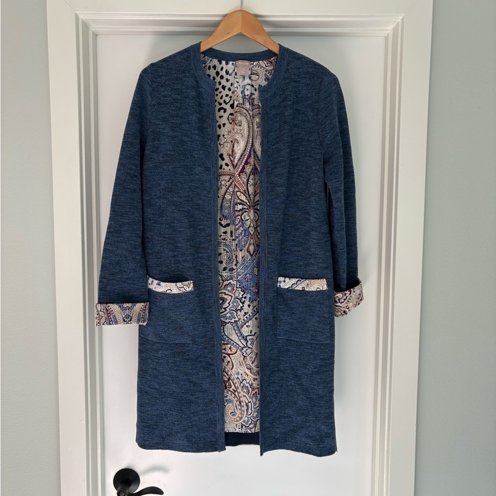Chico’s Long Open Front Paisley Trim Cardigan S